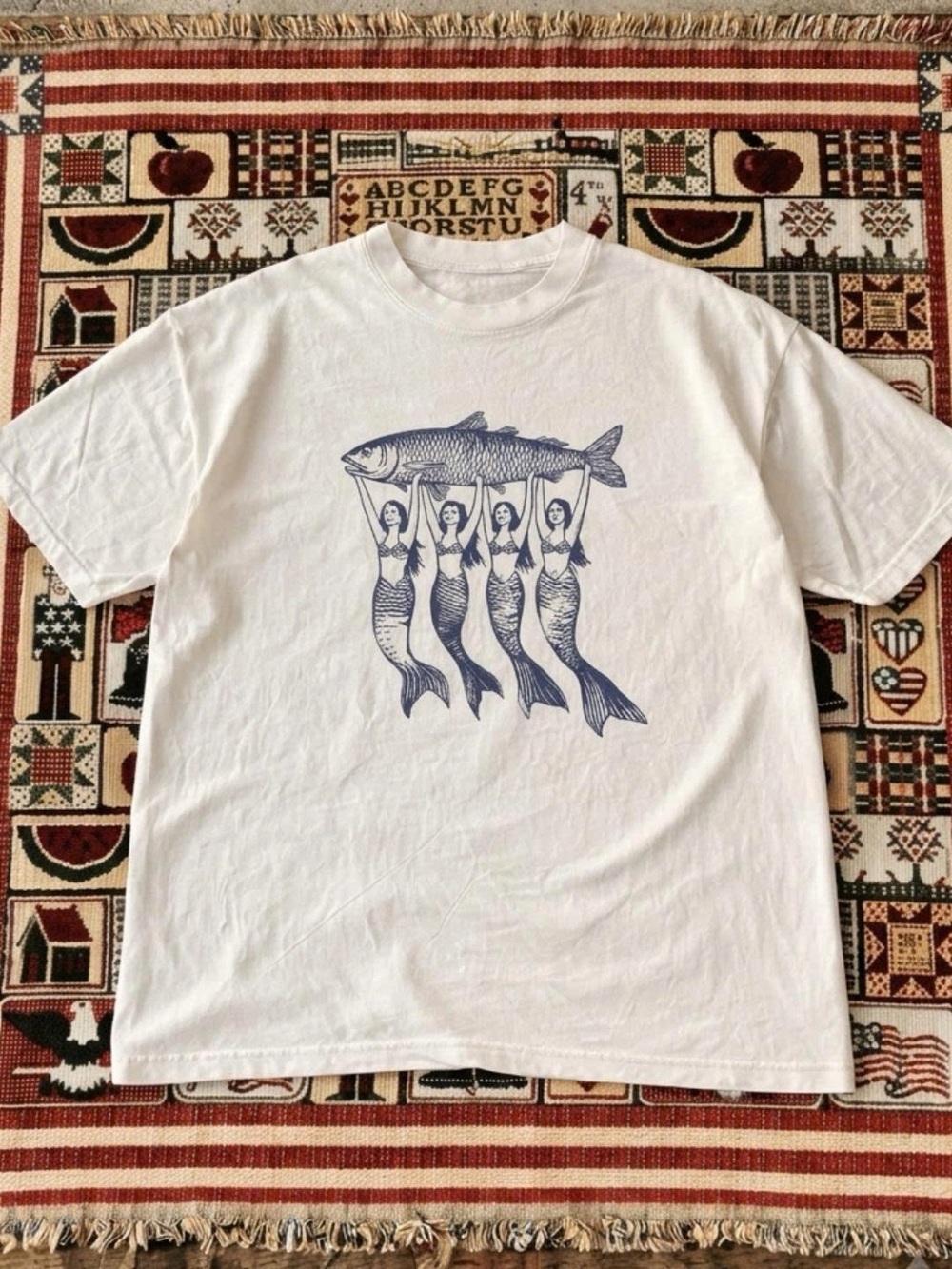 White T-Shirt with Blue Mermaid Fish Graphic - Pets Fish